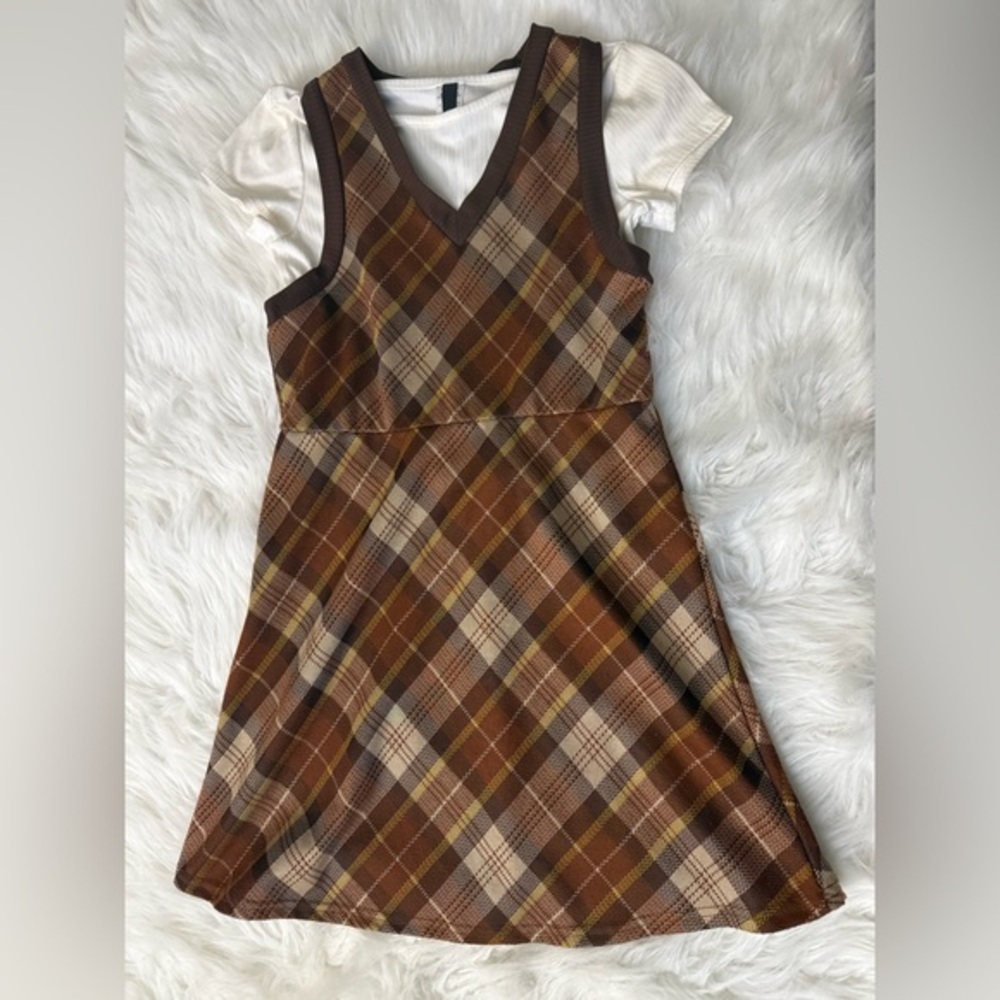 Girls Brown Plaid Pinafore Dress with Cream Top - Picture 1 of 4